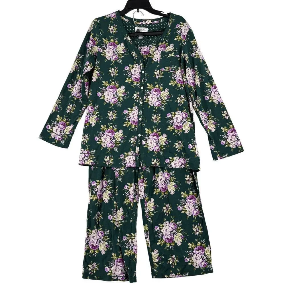 Carole Hochman 2 Piece Pajama Set Size M Green‎ Floral Heavenly Soft Sleepwear